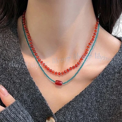 Collar de cuentas redondas de espinela azul facetado de ágata roja natural de 2 hilos de 6 mm Foto 1 de 4