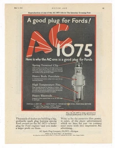 Anuncio de bujía de CA de 1924: modelo 1075 para autos Ford - vista recortada - Imagen 1 de 1