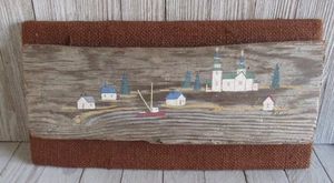 Vtg Handpainted Drift Wood Seascape Town House Church Boat Naive Primitive - Picture 1 of 6