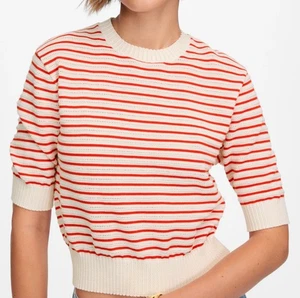 NWT Madewell Size Small Textural-Stitch Cotton Sweater Short Sleeve Red White - Picture 1 of 9