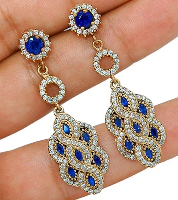 Ottoman Empire Style 8CT Treated Sapphire 925 Sterling Silver Earrings S3-6 - Image 1 of 2