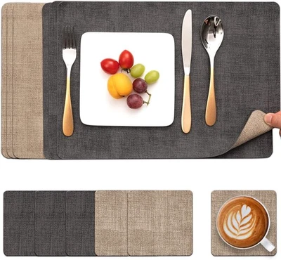 Myir JUN 6x Tischsets Platz-Set Leder & Untersetzer, Doppelseitig (Grau Beige) - Bild 1 von 4