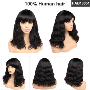 12in Short Straight Black Bob Wave Wig Real Human Hair Wigs with Bangs for Women