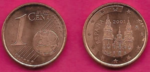 SPAIN 1 EURO CENT 2001 UNC 1st TYPE,MAIN FACADE OF CATHEDRAL OF SANTIAGO DE COMP - Picture 1 of 1