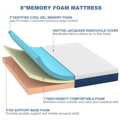 Colchón doble de espuma viscoelástica de gel mediano tamaño queen de 8" transpirable fresco Foto 1 de 4