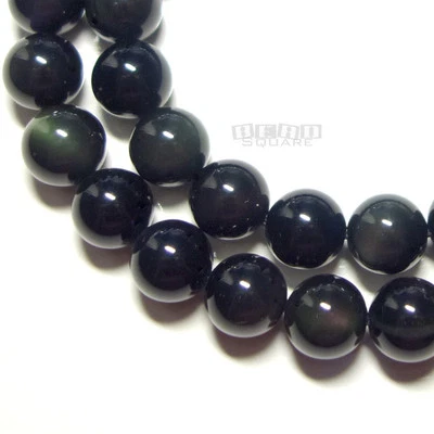 15.8" Natural Black Obsidian Round Beads approx. 10mm Green/Red Flash #11248 - Image 1 of 2