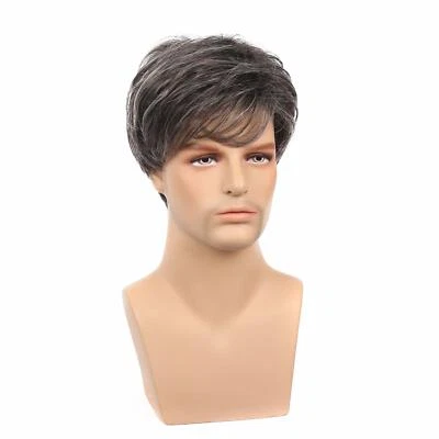 Brown Mixed Silver White Mid Age Men's Short Wig Natural Straight Synthetic Hair - Image 1 of 4