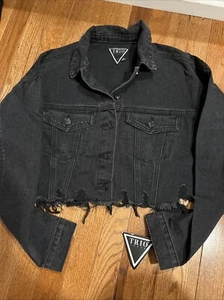 Trio Women's Cropped Smiley Jean Jacket Grunge Distressed S/M Black Denim NWTs - Picture 1 of 9