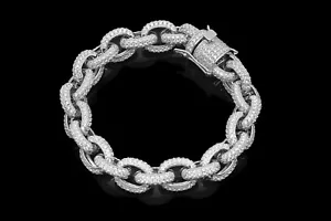 Solid 925 Sterling Silver Rolo Cable Bracelet Iced Flooded Out Round Bracelet - Picture 1 of 4