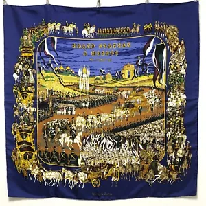 HERMES Silk Scarf GRAND CORTEGE A MOSCOU 90 Navy Blue Moscow Collectible 35″ - Picture 1 of 17