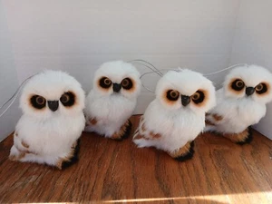 4 Spotted Owl Christmas Tree Ornaments Faux Fur White Woodland Big Eyes Vintage - Picture 1 of 7