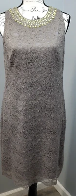 Maggy London Sheath Dress Women's 12 Gray Lace Silk Beaded Sleeveless Back Zip - Image 1 of 4
