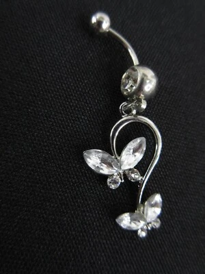 Rhinestone Butterfly Belly Button Ring Dangle Drop Tassel Blue Pink Crystal Glam - Image 1 of 4