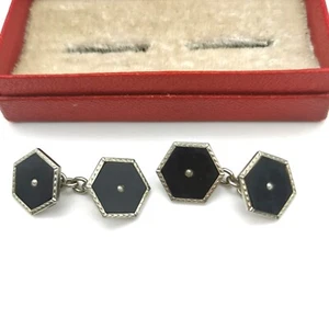 Antike Art Deco sechseckige Kette Manschettenknöpfe. Schwarzes Zelluloid und Perle. - Bild 1 von 6