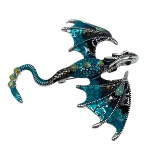 DRAGON BROOCH Pendant Black Blue AB Rhinestone Enamel Fantasy Costume Jewelry - Picture 1 of 8