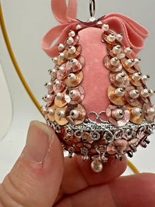 VTG Bell Satin Beaded Push Pin Hand Made Christmas Embellished Ornament PINK - Picture 1 of 5