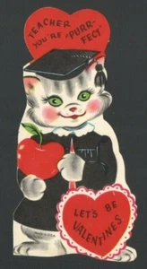 Vintage Valentine's Card Graduate Cap & Gown Kitten Cat You're PURR-FECT Teacher - Picture 1 of 2