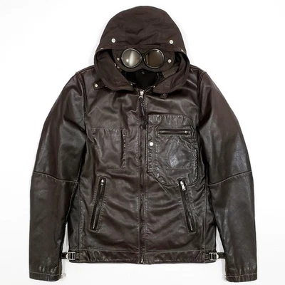 CP COMPANY 500 MIGLIA STONEY Leather Jacket Flight Biker Aviator Goggle Hood M-L - Image 1 of 4