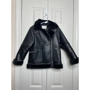 ZARA KIDS GIRLS BLACK VEGAN LEATHER MOTTO JACKET WITH FUR LINING SIZE 7 - Picture 1 of 7
