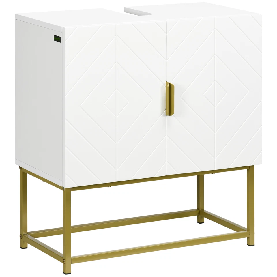 Bathroom Sink Cabinet Wooden White 60W x 30D x 65H cm Embossed Gold Double Door - Image 1 of 4