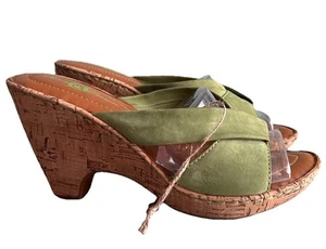 Born Wedge Sandals Size 8 Avocado Green Nubuck Leather Cork Heel NEW - Picture 1 of 9