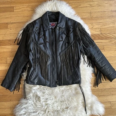 vtg 90s fringe floral black motorcycle bomber jacket small medium - Image 1 of 4