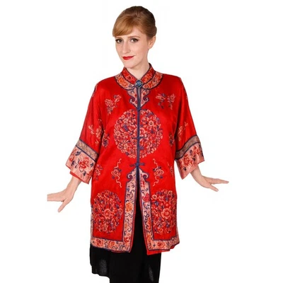 Abrigo de Colección Años 1890 Chino Rojo Seda Bordado Cobalto Mod Lujo Boho Glam Foto 1 de 4