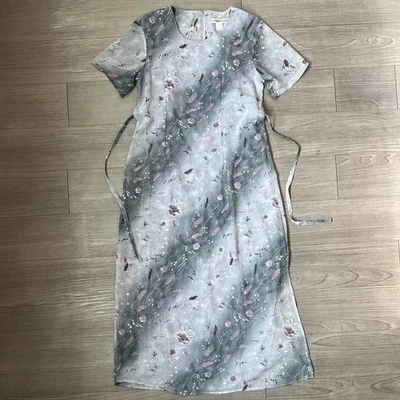 Vintage 90s Gray & Purple Floral Striped Maxi Shirt Dress W/ Waist Tie Size S - Image 1 of 4