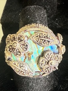 STERLING SILVER ABALONE RING HUGE MARCASITE BAND SIZE 7 VINTAGE JEWELRY 11.5 G - Picture 1 of 14