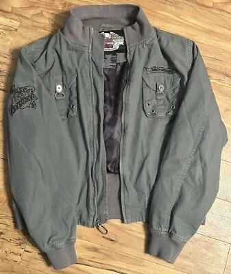 Chaqueta Grande De Colección Harley Davidson Para Mujer Caqui Motocicleta Bordada Rosa Logo Foto 1 de 4