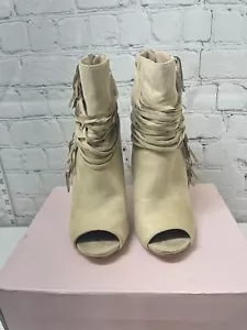 Just Fab Marlen taupe Fransen Peeptoe High Heel Booties Kunstleder Größe 7,5 - Bild 1 von 8