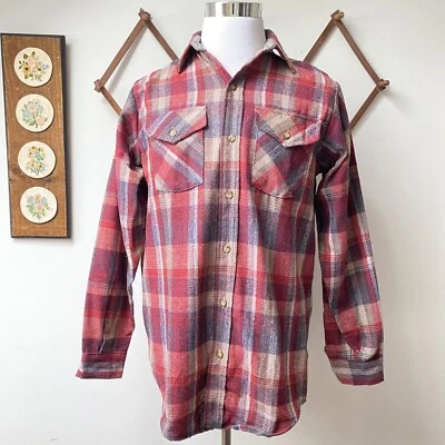 Vintage  1970s Wool Flannel Plaid Button Shirt Mens Medium - Image 1 of 4