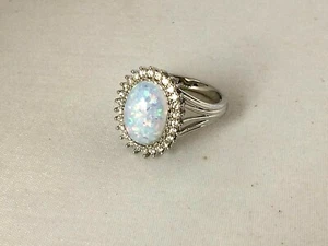 925 STERLING SILVER RHODIUM OVAL CUT FIRE OPAL ZIRCON RING SIZE 9 - Picture 1 of 2