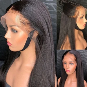 Peruvian Kinky Straight Yaki Virgin Human Hair 13x4 Lace Frontal Women Hair Wigs - Picture 1 of 8