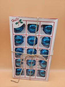 Vintage Holly Brand Box of 15 Glass Ornaments 1 3/4 Blue Made in USA - Picture 1 of 6