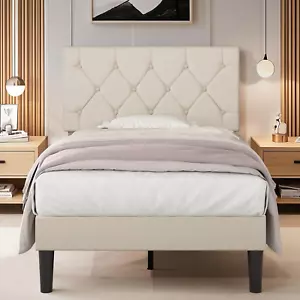 Twin Size Bed Frame with Button Tufted Headboard, Upholstered Platform Bedframe - Picture 1 of 8