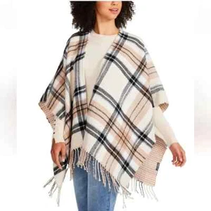 Poncho STEVE MADDEN Ruana Reversible Tostado Negro Cuadros Envoltura Frontal Abierta Nuevo con Etiquetas FUL-525 - Imagen 1 de 15