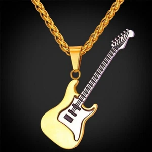 Electric Guitar Pendent Necklace - Gold, Stainless Steel with Chain, Men/Woman - Picture 1 of 9