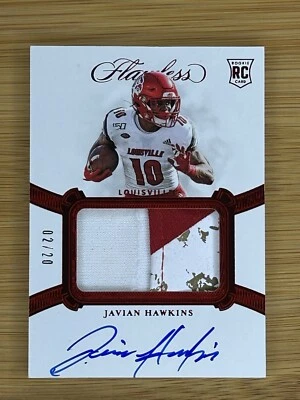 /20 Javian Hawkins 2021 Flawless Collegiate RPA Game Used Jersey On Card RC Auto - Image 1 of 2
