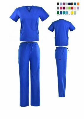 Unisex STRETCH  Scrub Sets Solid V-Neck Top Cargo Pant Men Women Nursing Uniform - Image 1 of 4