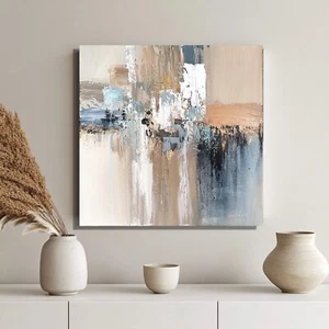 Original medium Abstract Hand painted Canvas warm beige grey blue gold 50x50cm - Picture 1 of 12
