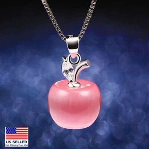 Women 925 Sterling Silver Necklace Crystal Cute Pink Opal Apple Pendant Gift - Picture 1 of 6