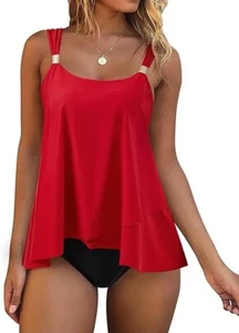 Women Ruffle High Waisted Tankini Two Piece Swimsuit Red Top Black Bottoms UK 12 - Picture 1 of 8