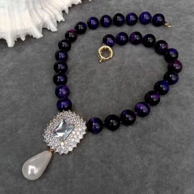 Colar olho de tigre 19" zircônia cúbica pavê concha pingente de pérola para joias femininas - Imagem 1 de 4