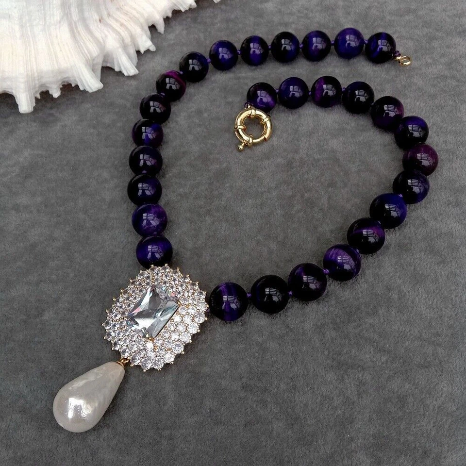 Colar olho de tigre 19" zircônia cúbica pavê concha pingente de pérola para joias femininas - Imagem 1 de 4