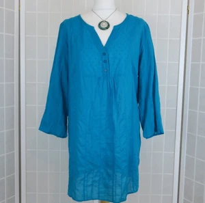 M&S Tunic Top UK 20 Teal Dobby Detail Indian Cotton Lightweight Holiday Summer - Picture 1 of 14