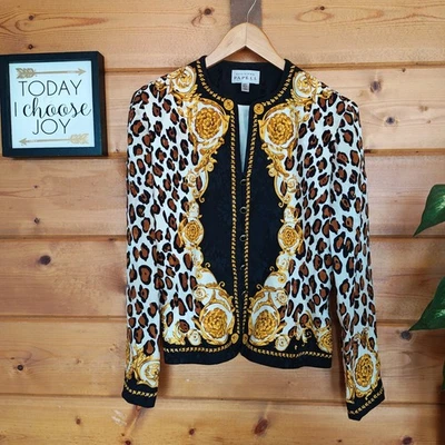 Adrianna Papell 100% Silk Vintage Leopard Animal Print Baroque V Top Jacket Sz 6 - Image 1 of 4