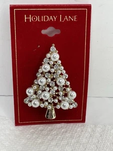 Christmas Tree Brooch Pin Holiday Lane Brand Pearl Like Beads - Picture 1 of 4