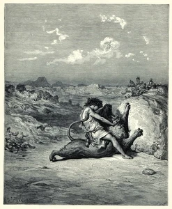 Ilustración bíblica Gustave Dore SANSÓN MATANDO AL LEÓN 1890 grabado vintage - Imagen 1 de 4