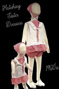 VTG 60’s Set Of 2 Matching Sisters Dresses Nautical Red Striped Head Scarfs TLC - Picture 1 of 14
